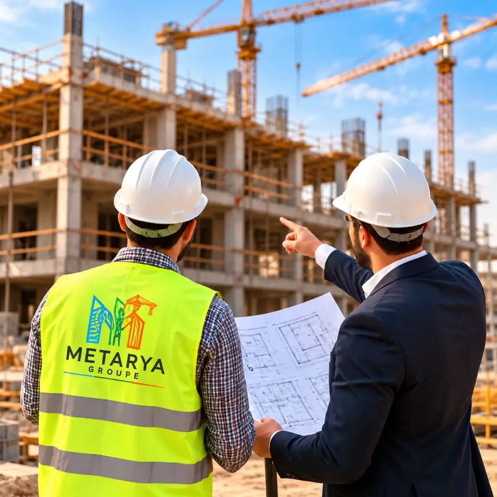 Chef de chantier et ingénieur Metarya Groupe étudiant les plans sur un chantier